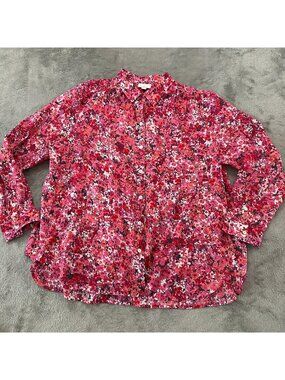 J. Jill Pink Red Floral Button Up 100% Cotton Blouse Women's LARGE